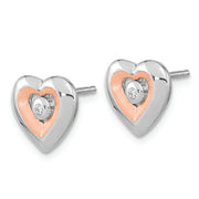 Sterling Silver RH-plated & Rose Gold-plated Diamond Heart Post Earrings