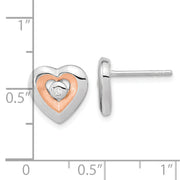 Sterling Silver RH-plated & Rose Gold-plated Diamond Heart Post Earrings