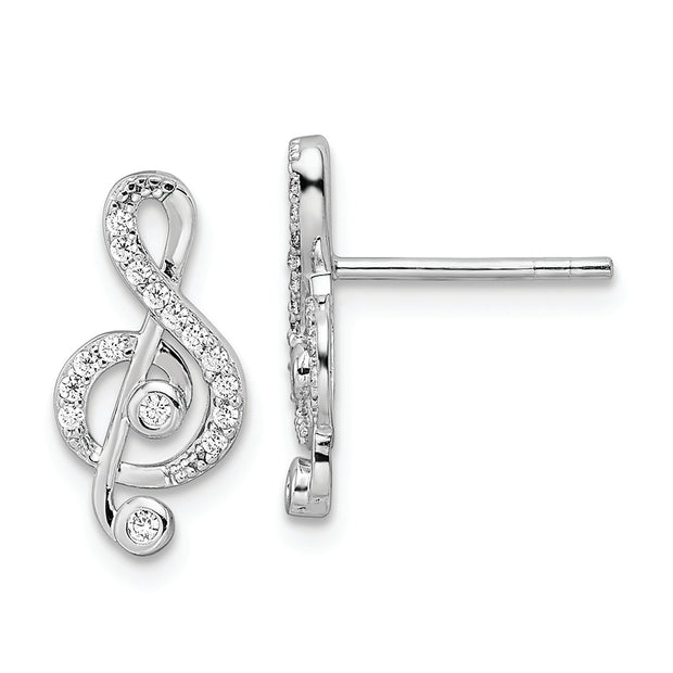 Sterling Silver Rhodium-plated CZ Treble Clef Post Earrings
