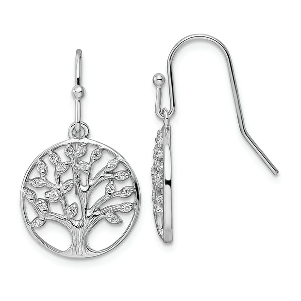 Sterling Silver Rhodium-plated Dangle Polished CZ Tree of Life Earrings