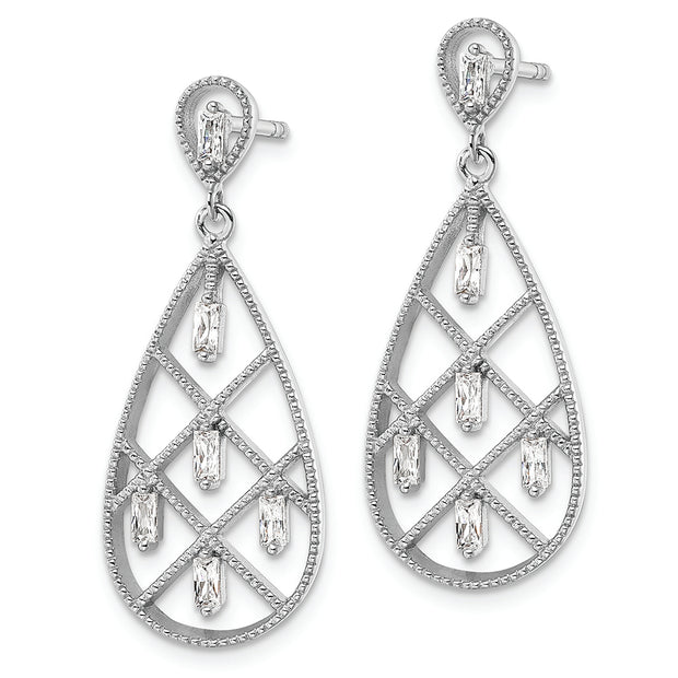 Sterling Silver Rhodium-plated Baguette CZ Teardrop Post Earrings