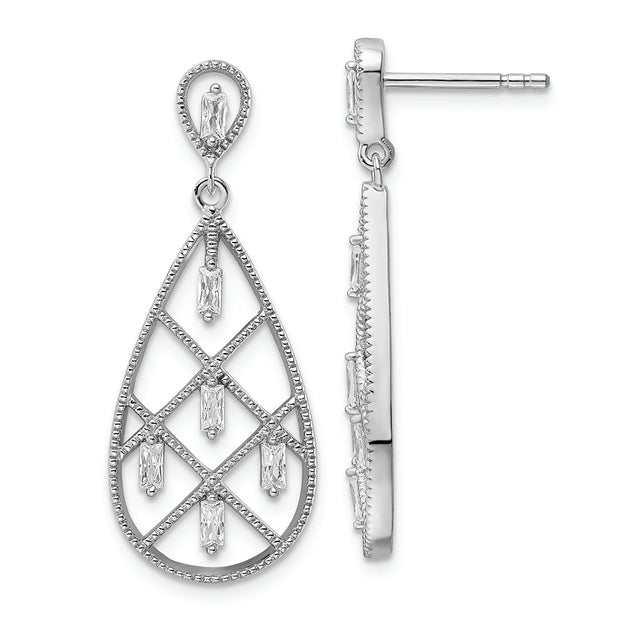 Sterling Silver Rhodium-plated Baguette CZ Teardrop Post Earrings