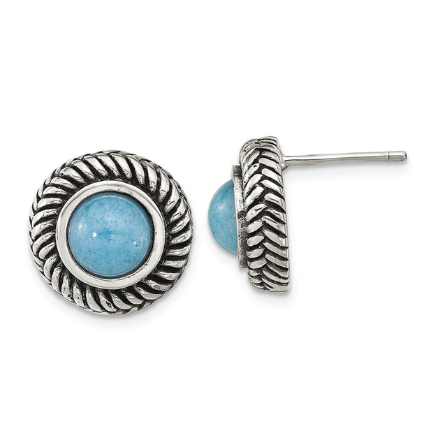 Sterling Silver Polished & Antiqued Imitation Turquoise Circle Post Earring