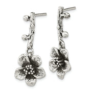 Sterling Silver Oxidized Flower w/Branch Dangle Post Earrings