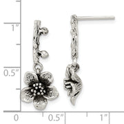 Sterling Silver Oxidized Flower w/Branch Dangle Post Earrings