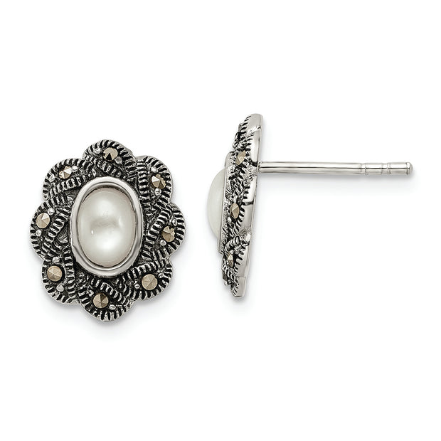 Sterling Silver Antiqued Marcasite & MOP Post Earrings