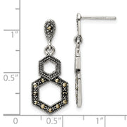 Sterling Silver Antiqued Marcasite Hexagon Post Dangle Earrings