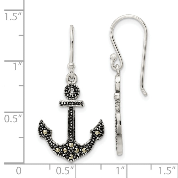 Sterling Silver Antiqued Marcasite Anchor Shepherd Hook Earrings