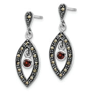 Sterling Silver Antiqued Marcasite & Red Glass Stone Post Dangle Earrings