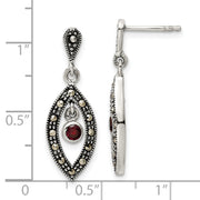 Sterling Silver Antiqued Marcasite & Red Glass Stone Post Dangle Earrings