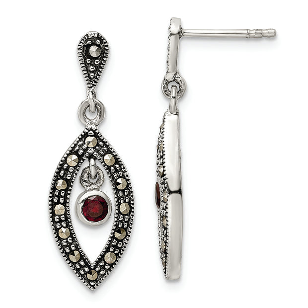 Sterling Silver Antiqued Marcasite & Red Glass Stone Post Dangle Earrings