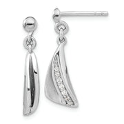 Sterling Silver RH-plated Brushed & Polished CZ Dangle Post Earrings