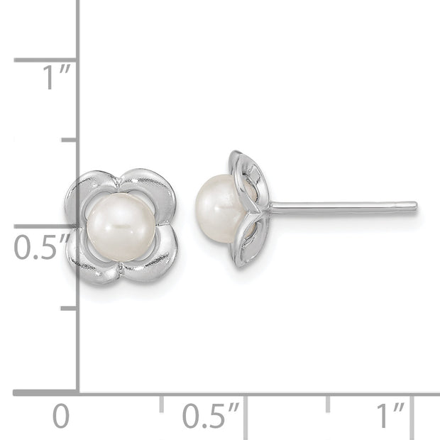 Sterling Silver RH-plated Polished FWC Pearl Flower Post Earrings