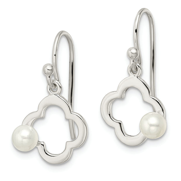 Sterling Silver Polished Imitation Pearl Clover Shepherd Hook Earrings