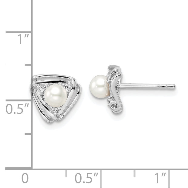 Sterling Silver Rhodium-plated FWC Pearl and CZ Triangle Post Earrings