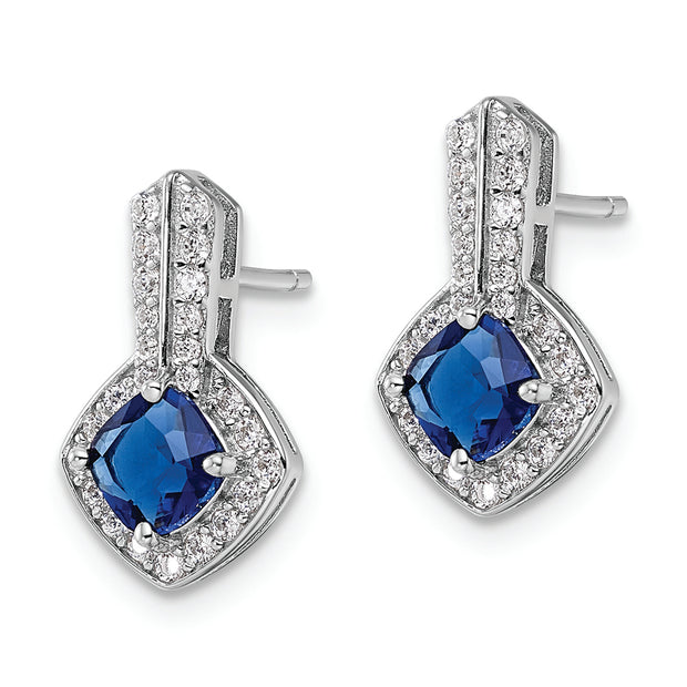 Sterling Silver Rhodium-plated CZ and Blue Glass Post Earrings