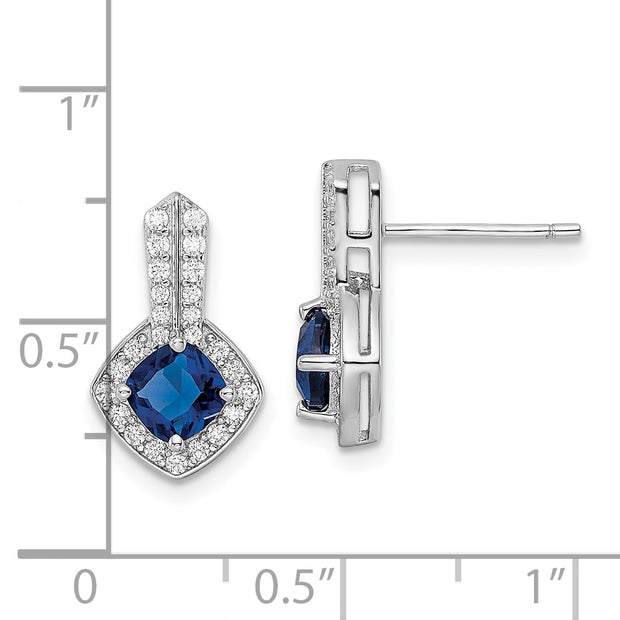 Sterling Silver Rhodium-plated CZ and Blue Glass Post Earrings