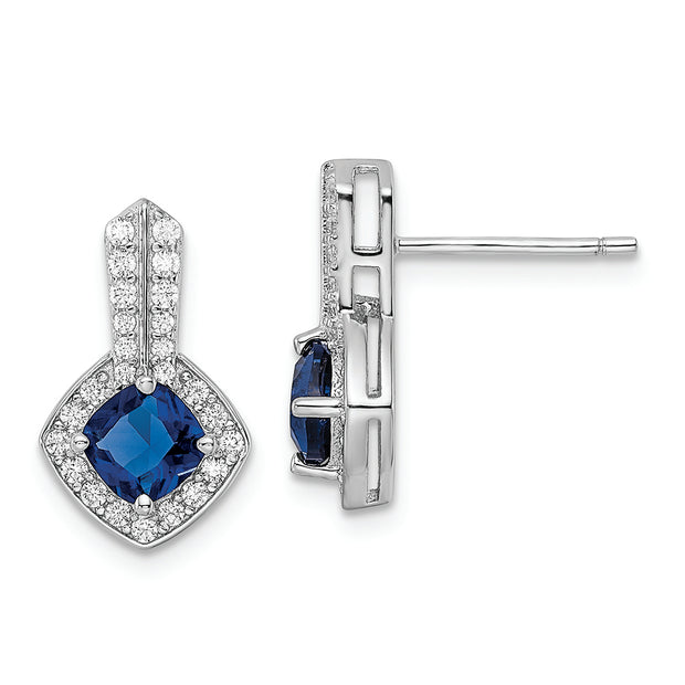 Sterling Silver Rhodium-plated CZ and Blue Glass Post Earrings