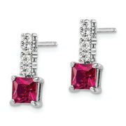 Sterling Silver Rhodium-plated Created Ruby and CZ Post Dangle Earrings