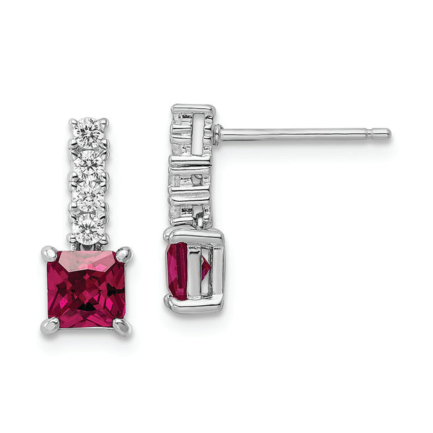 Sterling Silver Rhodium-plated Created Ruby and CZ Post Dangle Earrings