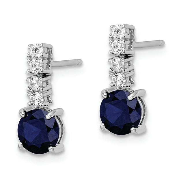 Sterling Silver Polished Rhodium Cr. Blue Spinel and CZ Post Dangle Earring