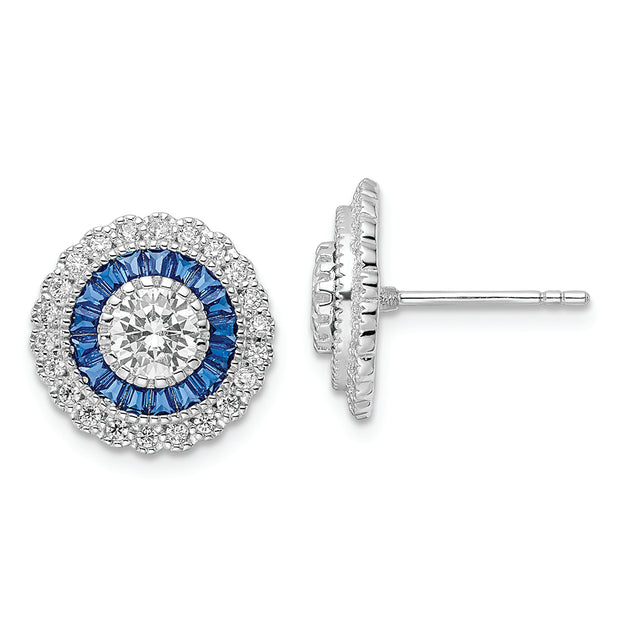 Sterling Silver Rhodium-plated Polished Blue & White CZ Round Post Earrings