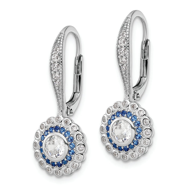 Sterling Silver Rhodium-plated Polished Blue & White CZ Leverback Earrings
