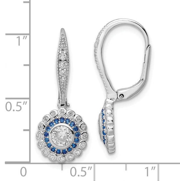 Sterling Silver Rhodium-plated Polished Blue & White CZ Leverback Earrings