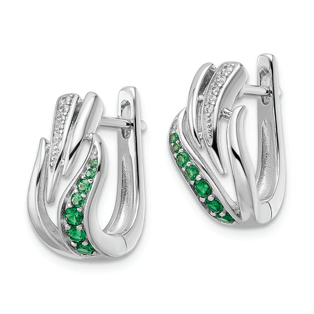 Sterling Silver Rhodium-plated Green & White CZ Hinged Hoop Earrings