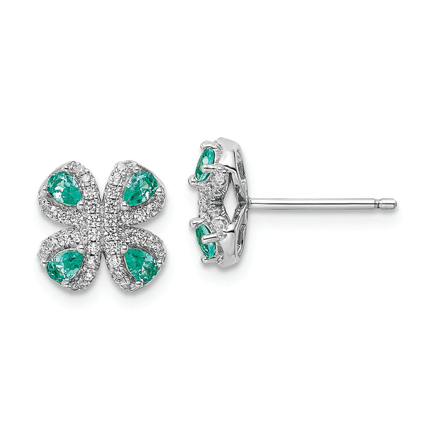Sterling Silver Rhodium plated Teal & White CZ Post Earrings