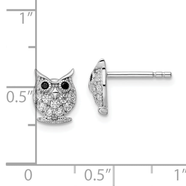 Sterling Silver Rhodium-plated Black & White CZ Owl Post Earrings