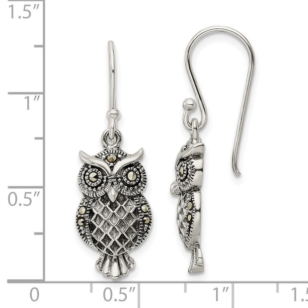 Sterling Silver Antiqued Marcasite Owl Shepherd Hook Earrings