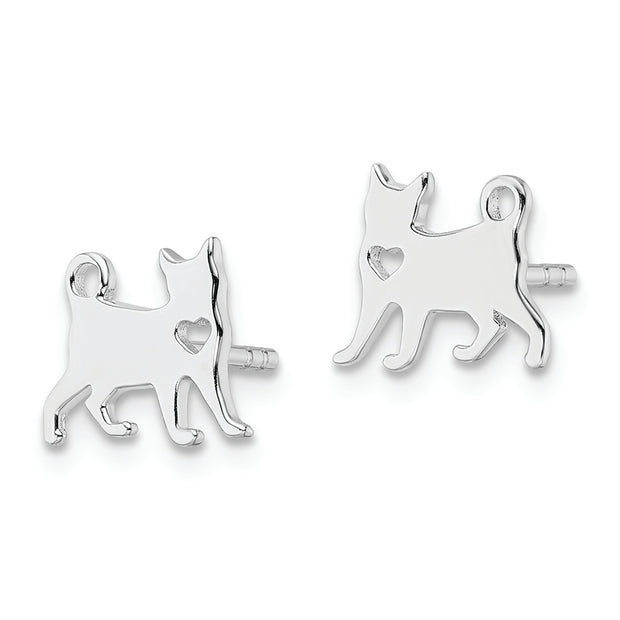 Sterling Silver Rhodium-plated Cat w/Heart Post Earrings