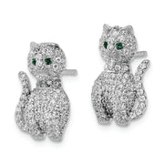 Sterling Silver Rhodium-plated Polished Green & White CZ Cat Post Earrings