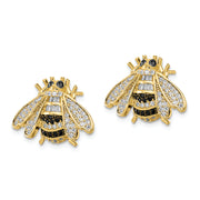 Sterling Silver Blk/White RH-plated Gold Tone CZ Bumblebee Post Earrings