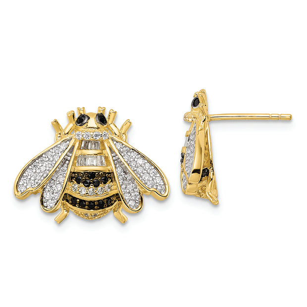 Sterling Silver Blk/White RH-plated Gold Tone CZ Bumblebee Post Earrings