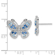 Sterling Silver RH-plated Polished Blue & Clear CZ Butterfly Post Earrings