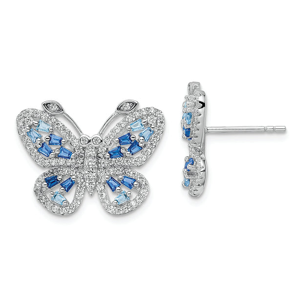 Sterling Silver RH-plated Polished Blue & Clear CZ Butterfly Post Earrings