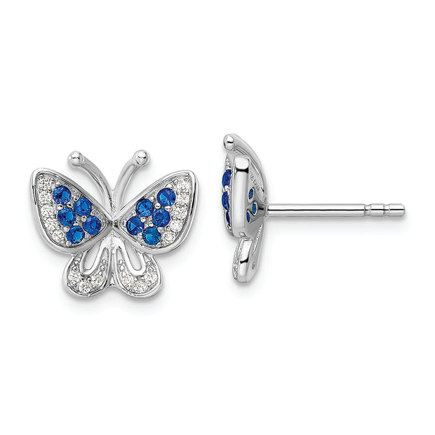 Sterling Silver Rhodium-plated Blue & White CZ Butterfly Post Earrings