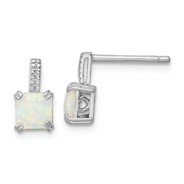 Sterling Silver Rhodium-plated Square White Created Opal Post Earrings