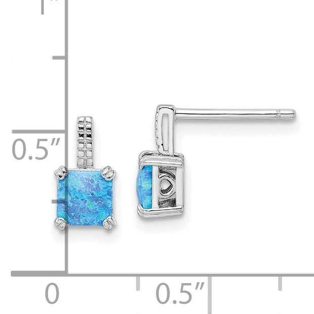 Sterling Silver Rhodium-plated Square Blue Created Opal Post Earrings