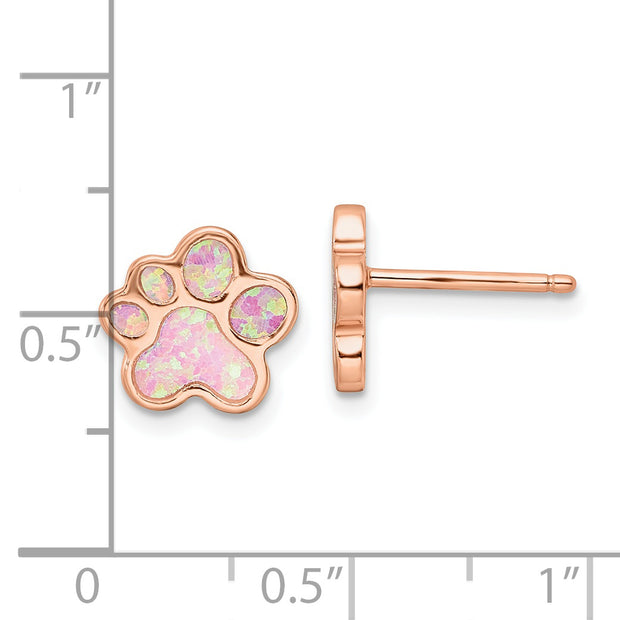 Sterling Silver Rose-tone Created Opal Inlay Pawprint Post Earrings