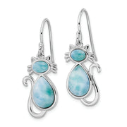 Sterling Silver Rhodium-plated Polished Larimar Cat Dangle Earrings