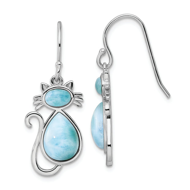 Sterling Silver Rhodium-plated Polished Larimar Cat Dangle Earrings