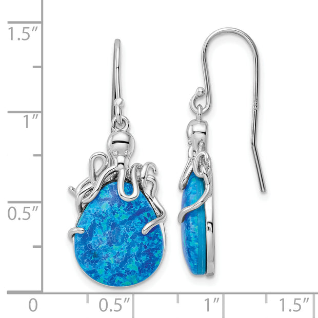 Sterling Silver Rhodium-plated Blue Created Opal Octopus Dangle Earrings