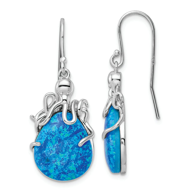 Sterling Silver Rhodium-plated Blue Created Opal Octopus Dangle Earrings