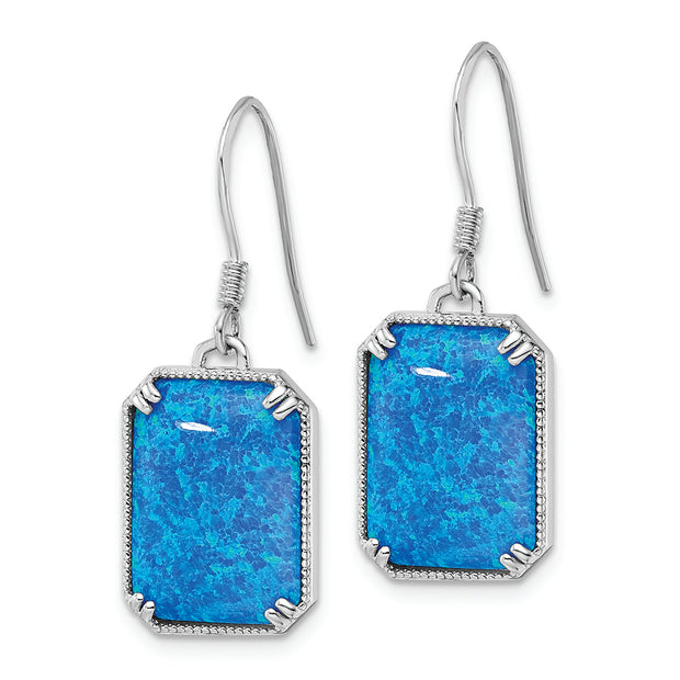 Sterling Silver RH-plated Blue Created Opal Beaded Border Earrings