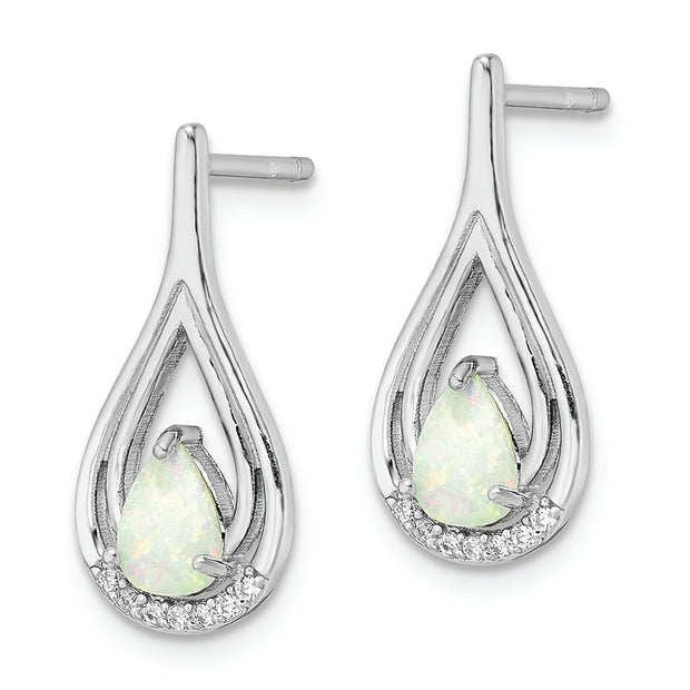 Sterling Silver RH-plated Pear Shape White Created Opal CZ Post Earrings