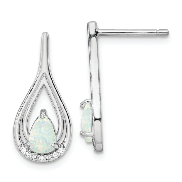 Sterling Silver RH-plated Pear Shape White Created Opal CZ Post Earrings