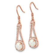 Sterling Silver Rose-tone Polished CZ & White Created Opal Dangle Earrings